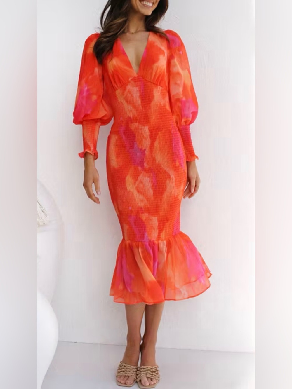 All About May Orange-Pink Watercolor Floral Midi Dress Sz 8
